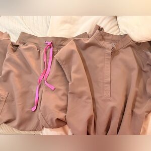 Figs Technical Collection Brown Scrubs with Pink Accent